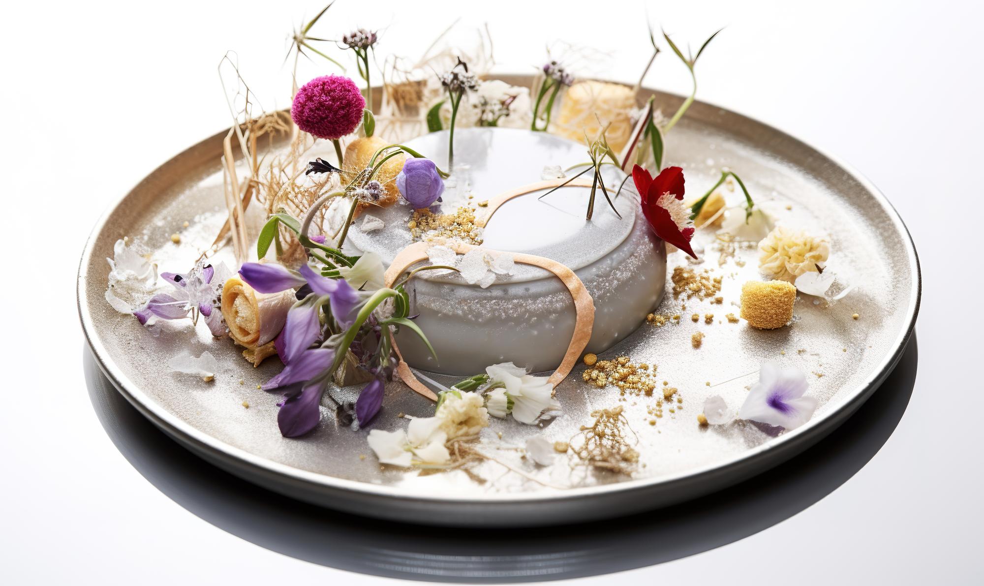 close up plated tasting menu with edible flowers