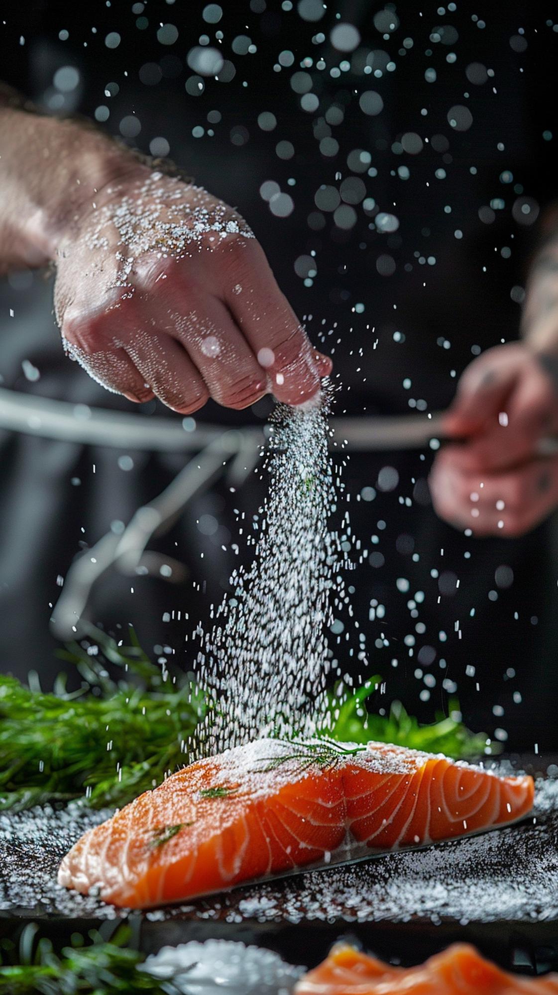 chef hands sprinkling sea salt on fish