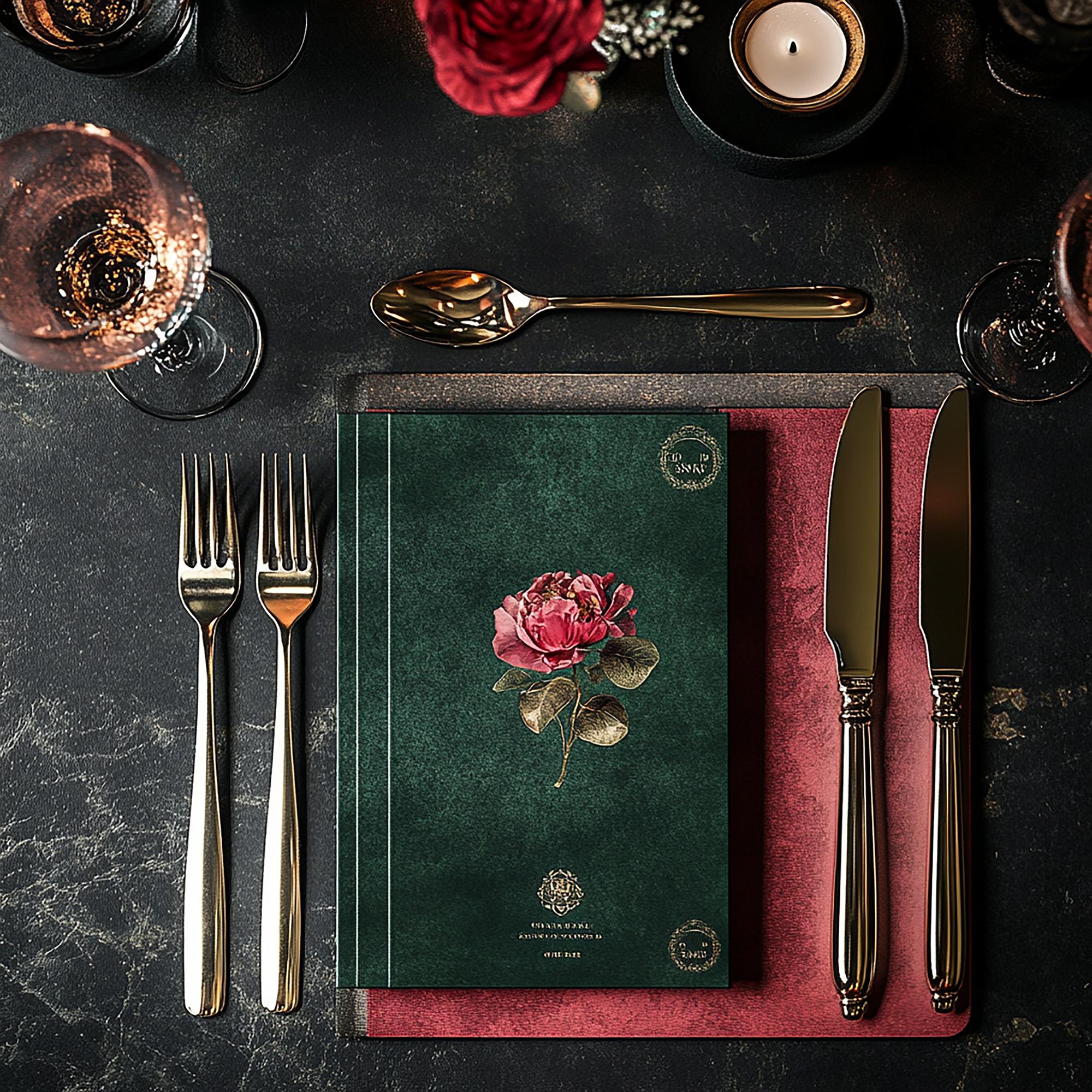 flat lay of menu booklet and utensils